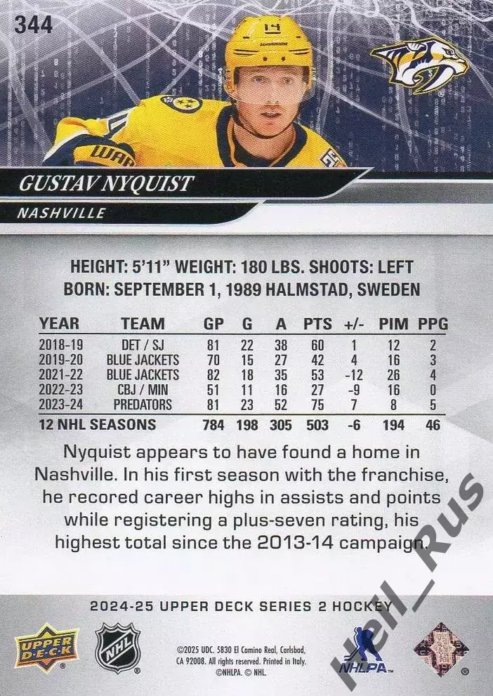 Карточка Gustav Nyquist/Густав Нюквист (Nashville Predators/Нэшвилл) НХЛ/NHL 1