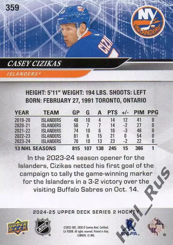 Карточка Cizikas / Кейси Сизикас (New York Islanders/Нью-Йорк Айлендерс) НХЛ/NHL 1