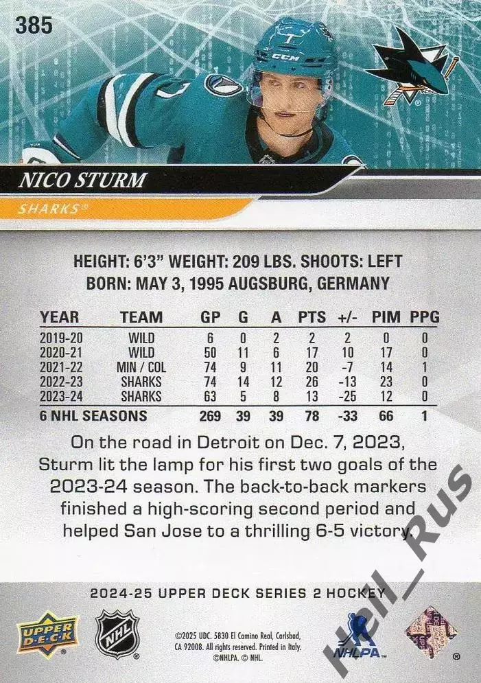 Хоккей. Карточка Nico Sturm/Нико Штурм (San Jose Sharks/Сан-Хосе Шаркс) НХЛ/NHL 1