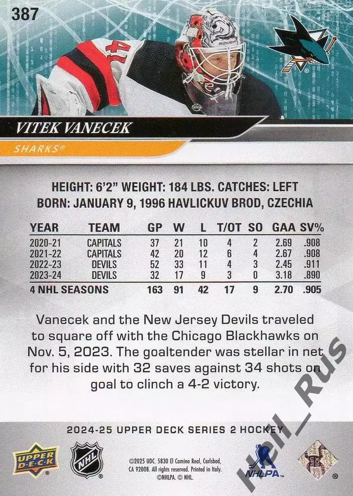 Карточка Vitek Vanecek/Витек Ванечек (Нью-Джерси Девилз/Сан-Хосе Шаркс) НХЛ/NHL 1
