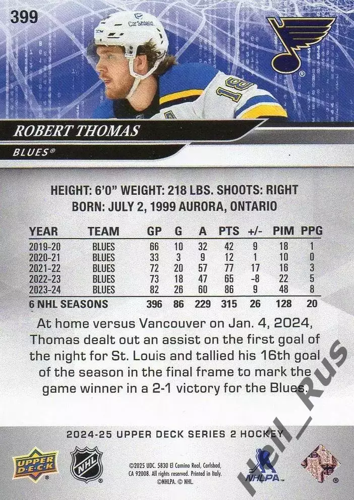 Хоккей Карточка Robert Thomas/Роберт Томас St Louis Blues/Сент-Луис Блюз NHL-НХЛ 1