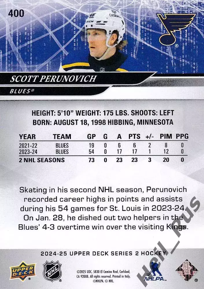 Карточка Scott Perunovich/Скотт Перунович St. Louis Blues/Сент-Луис Блюз NHL/НХЛ 1