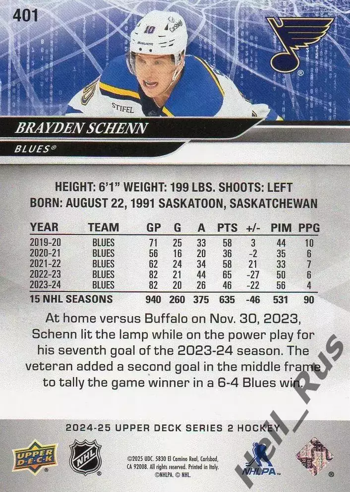 Карточка Brayden Schenn / Брэйден Шенн (St. Louis Blues/Сент-Луис Блюз) НХЛ/NHL 1