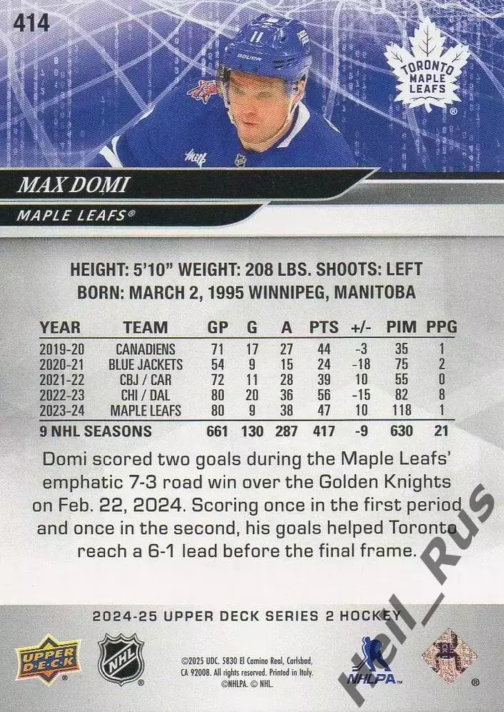 Карточка Max Domi/Макс Доми (Toronto Maple Leafs/Торонто Мейпл Лифс) НХЛ/NHL 1