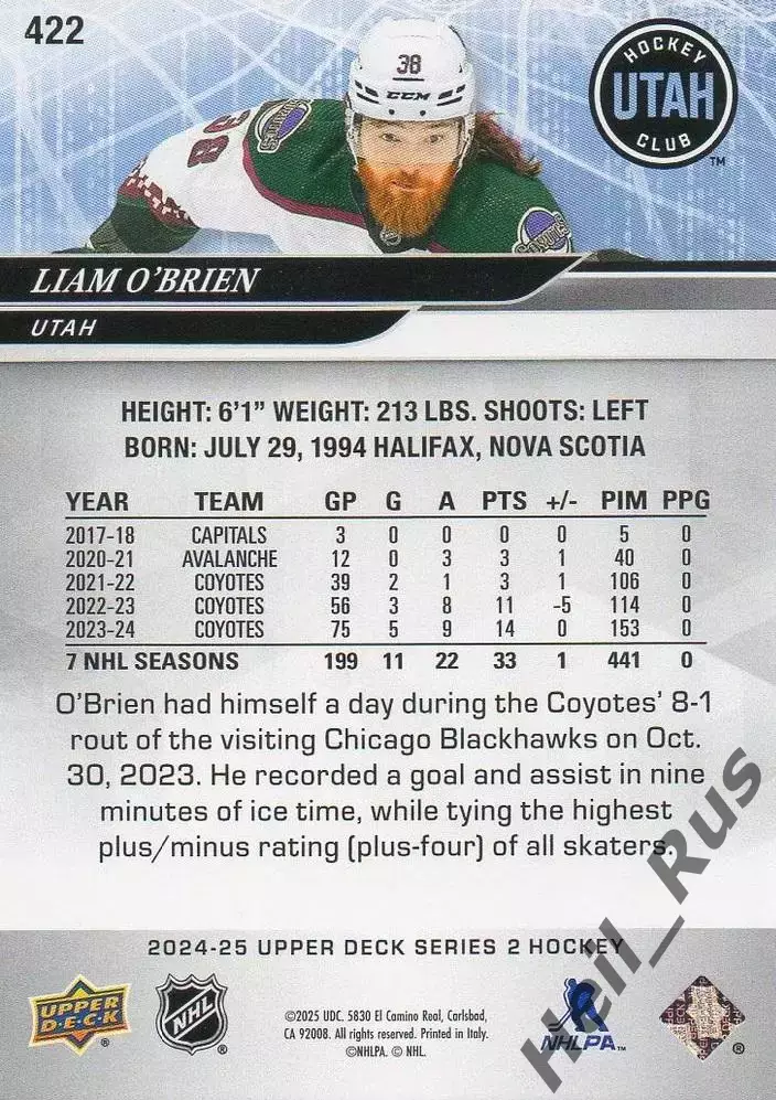 Карточка Liam O'Brien/Лиам О’Брайен (Arizona Coyotes/Аризона, Utah/Юта) НХЛ/NHL 1