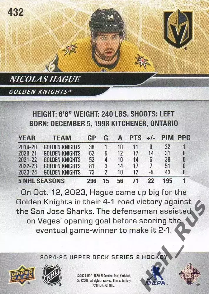 Хоккей. Карточка Nicolas Hague/Николас Хаг (Vegas Golden Knights/Вегас) НХЛ/NHL 1