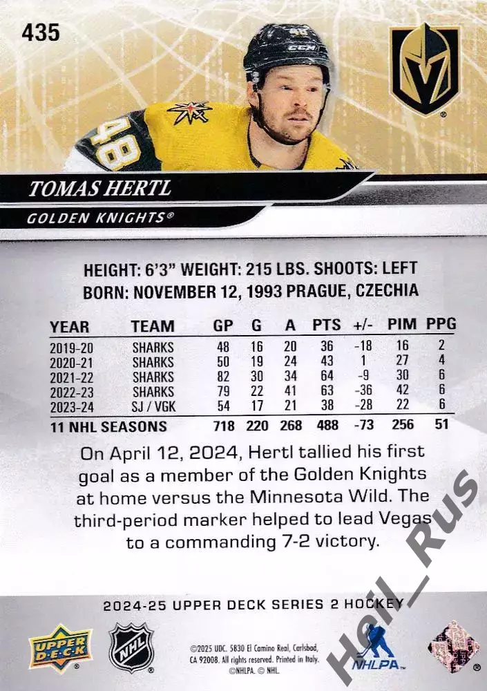 Карточка Tomas Hertl/Томаш Гертл Vegas Golden Knights/Вегас Голден Найтс НХЛ/NHL 1