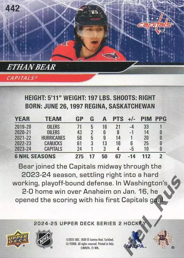 Карточка Ethan Bear/Итан Бир (Washington Capitals/Вашингтон Кэпиталз) NHL/НХЛ 1