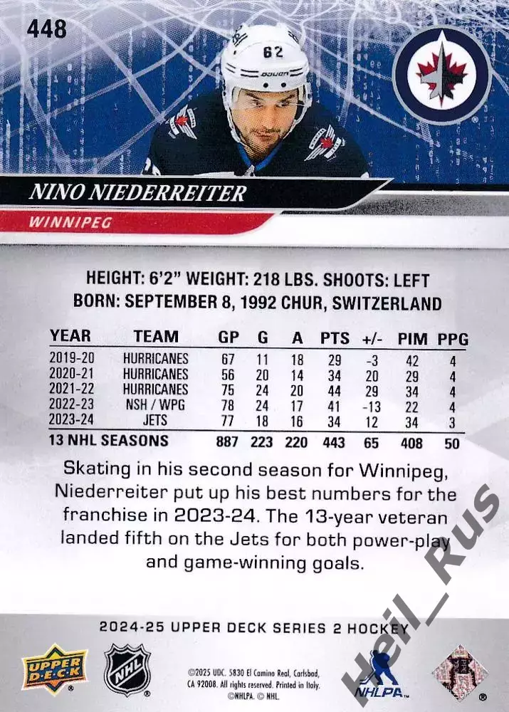 Карточка Nino Niederreiter/Нино Нидеррайтер Winnipeg Jets/Виннипег Джетс НХЛ/NHL 1