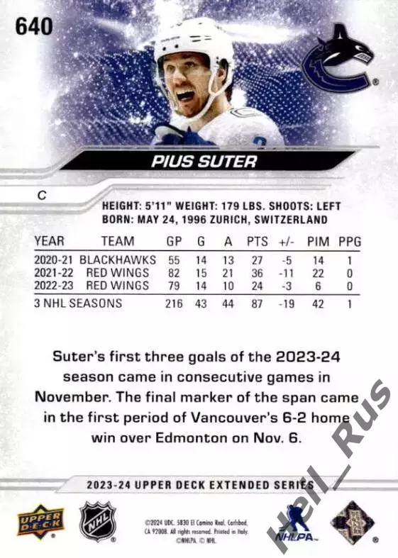 Хоккей. Карточка Pius Suter/Пиус Сутер Vancouver Canucks/Ванкувер Кэнакс НХЛ/NHL 1