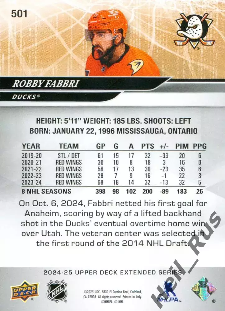 Хоккей. Карточка Robby Fabbri/Робби Фаббри (Anaheim Ducks/Анахайм Дакс) НХЛ/NHL 1