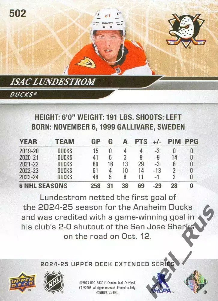 Карточка Isac Lundestrom/Исак Лундстрем (Anaheim Ducks / Анахайм Дакс) НХЛ/NHL 1