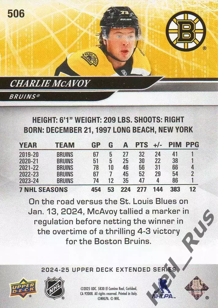 Хоккей Карточка Charlie McAvoy/Чарли Макэвой Boston Bruins-Бостон Брюинз НХЛ/NHL 1