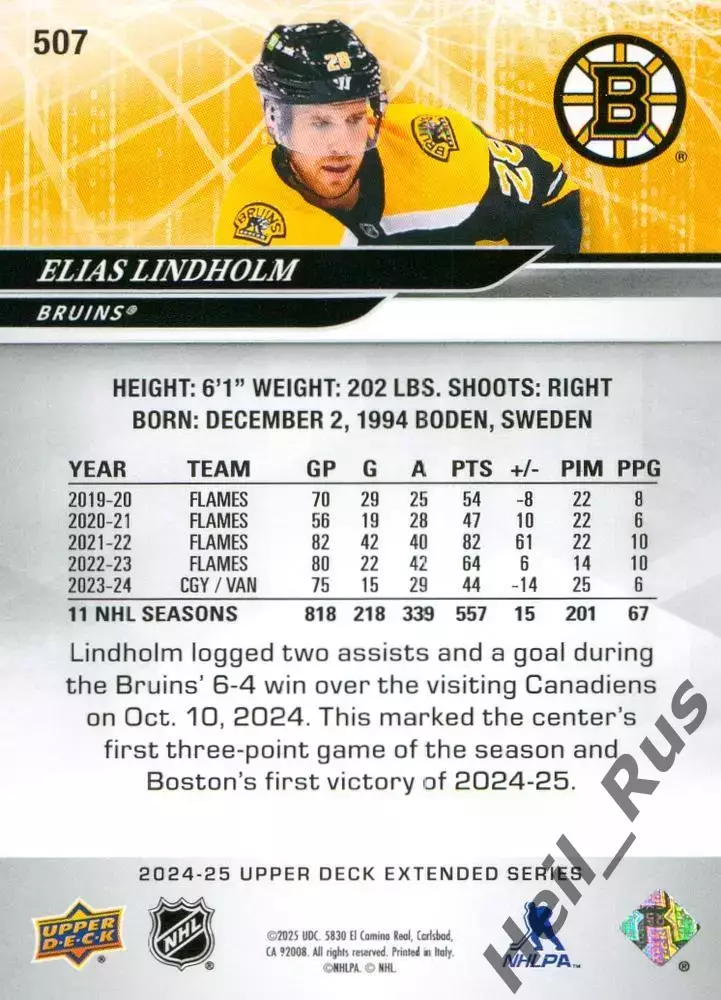 Карточка Elias Lindholm/Элиас Линдхольм (Boston Bruins/Бостон Брюинз) НХЛ/NHL 1