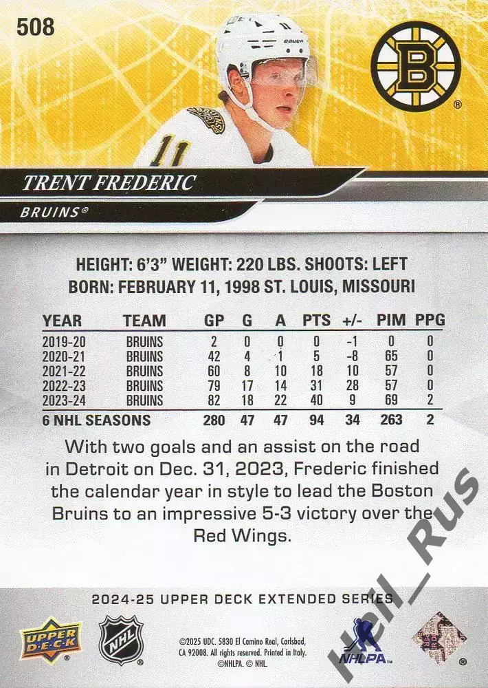 Карточка Trent Frederic/Трент Фредерик (Boston Bruins/Бостон Брюинз) НХЛ/NHL 1