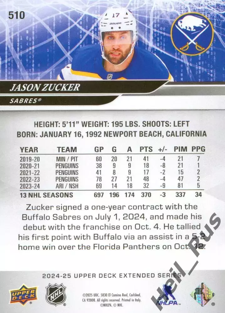 Хоккей Карточка Jason Zucker/Джейсон Цукер Buffalo Sabres/Баффало Сейбрз НХЛ/NHL 1
