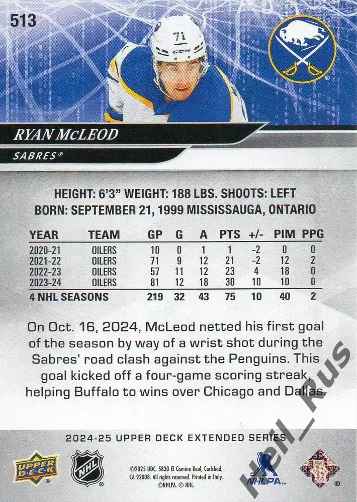 Хоккей. Карточка Ryan McLeod/Райан Маклауд Buffalo Sabres/Баффало Сейбрз НХЛ/NHL 1