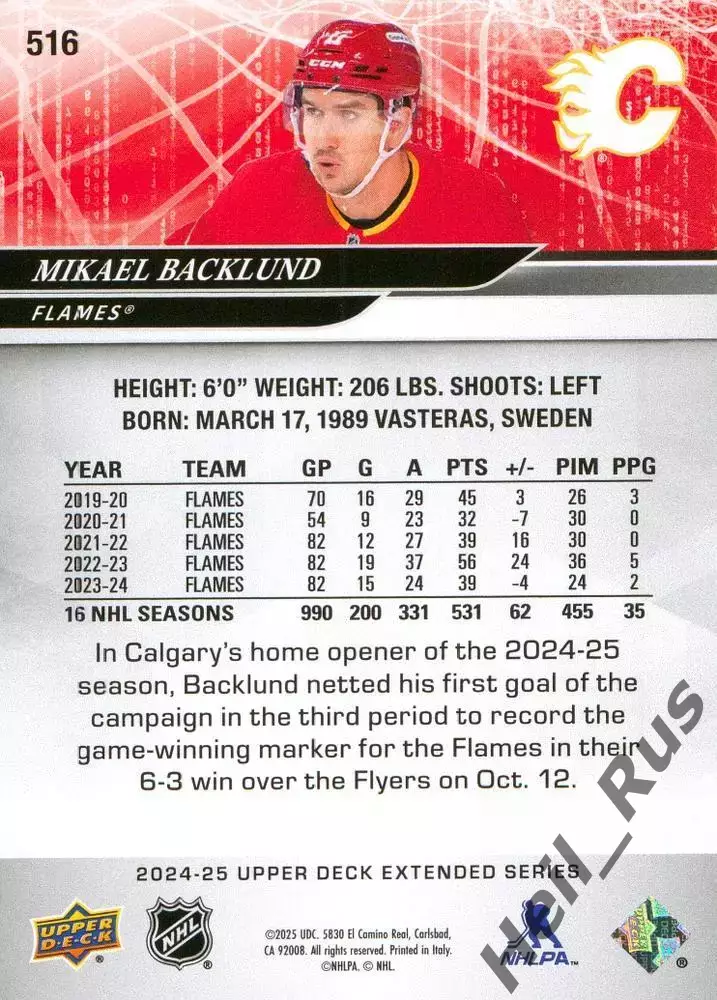 Карточка Mikael Backlund/Микаэль Баклунд (Calgary Flames/Калгари Флэймз) НХЛ/NHL 1