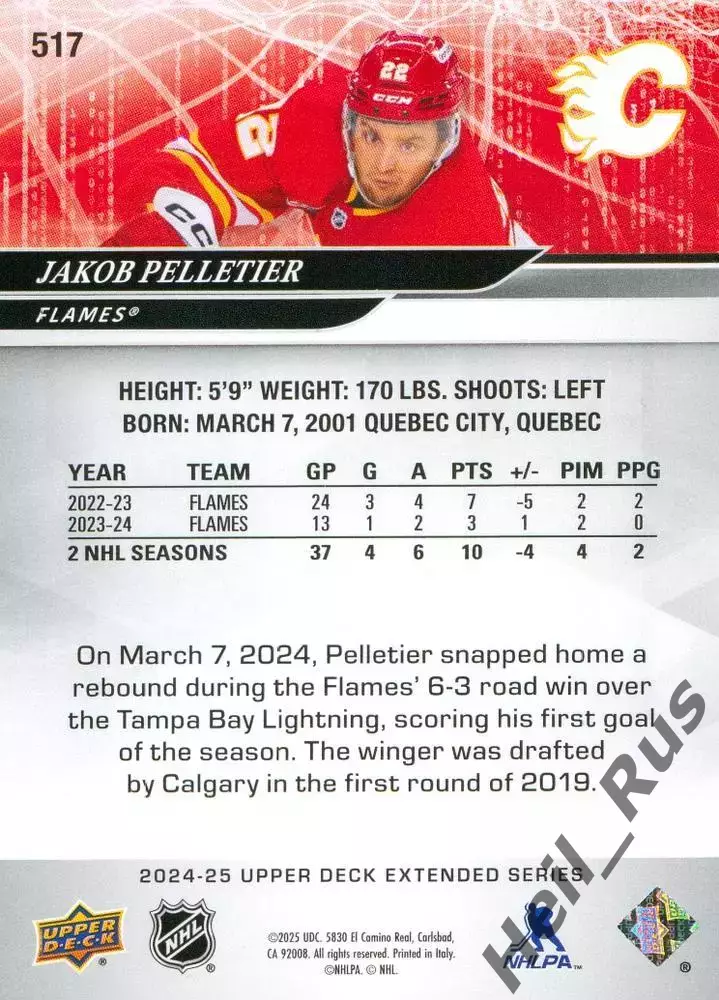 Карточка Jakob Pelletier/Джейкоб Пеллетье Calgary Flames/Калгари Флэймз НХЛ/NHL 1