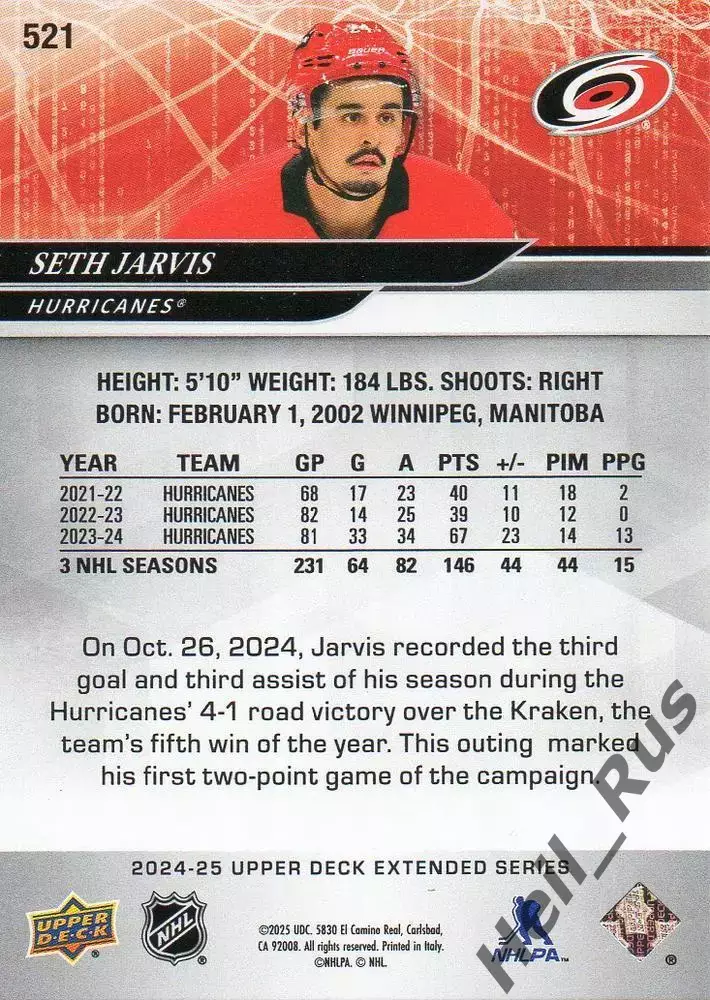 Карточка Seth Jarvis/Сет Джарвис Carolina Hurricanes/Каролина Харрикейнз NHL/НХЛ 1