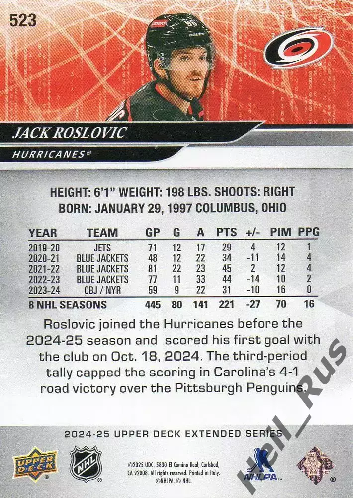 Хоккей Карточка Jack Roslovic/Джек Рословик Carolina Hurricanes/Каролина НХЛ/NHL 1