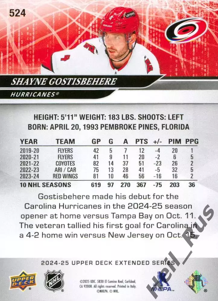 Карточка S. Gostisbehere/Шейн Гостисбеер (Carolina Hurricanes/Каролина) НХЛ/NHL 1