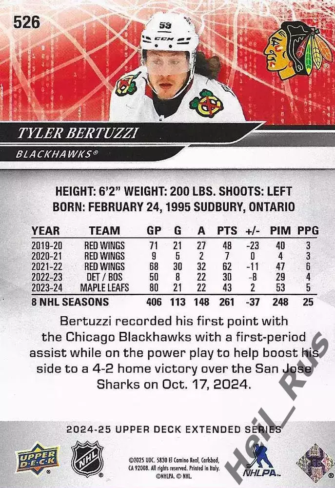 Карточка Bertuzzi / Тайлер Бертуцци (Chicago Blackhawks/Чикаго Блэкхокс) НХЛ/NHL 1