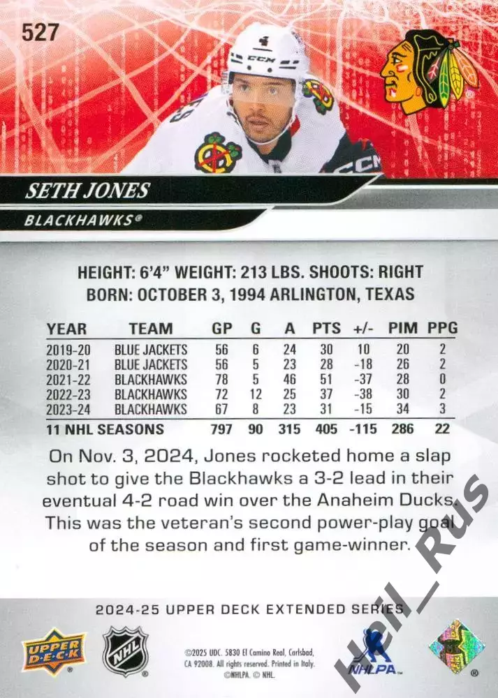 Хоккей; Карточка Seth Jones/Сет Джонс Chicago Blackhawks/Чикаго Блэкхокс NHL/НХЛ 1