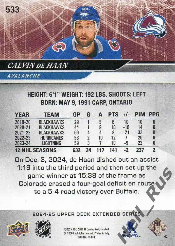 Карточка Calvin de Haan/Кэлвин Де Хаан (Colorado Avalanche/Колорадо) НХЛ/NHL 1