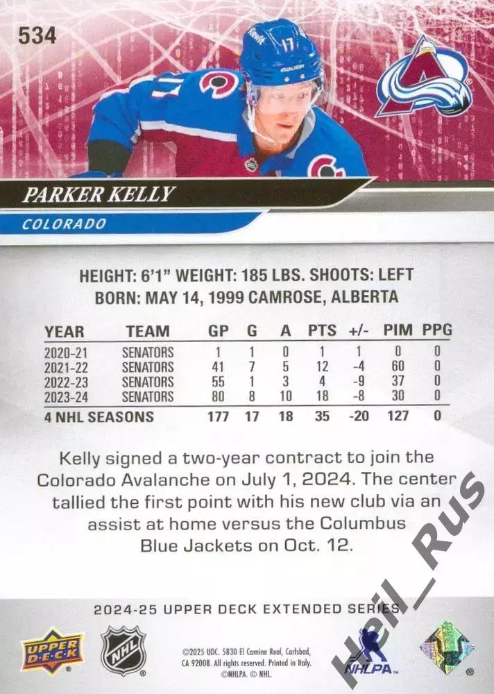 Карточка Parker Kelly/Паркер Келли (Colorado Avalanche/Колорадо Эвеланш) НХЛ/NHL 1