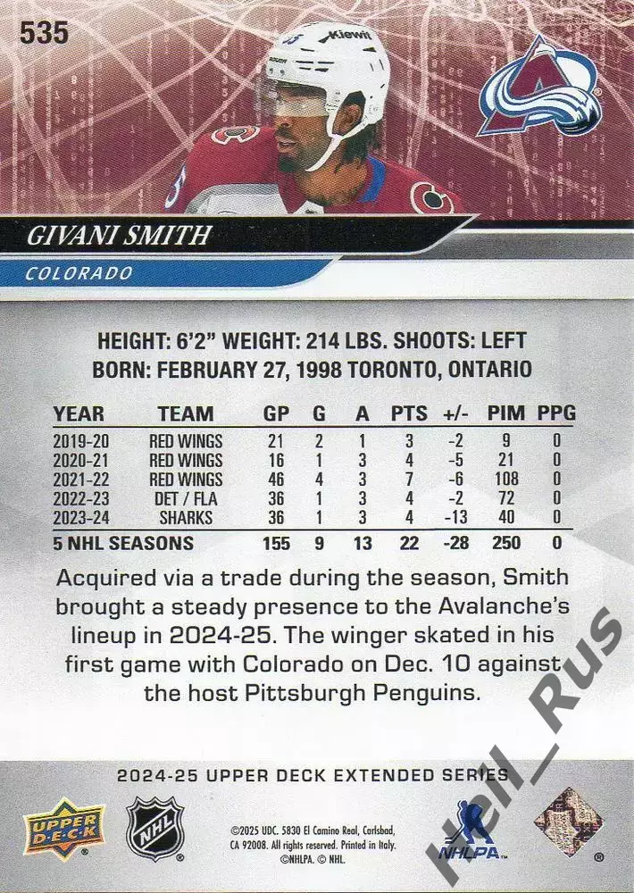 Карточка Givani Smith/Дживани Смит (Colorado Avalanche/Колорадо Эвеланш) НХЛ/NHL 1