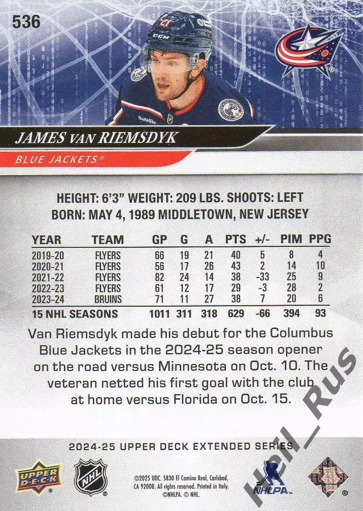 Хоккей. Карточка Джеймс ван Римсдайк (Columbus Blue Jackets/Коламбус) НХЛ/NHL 1