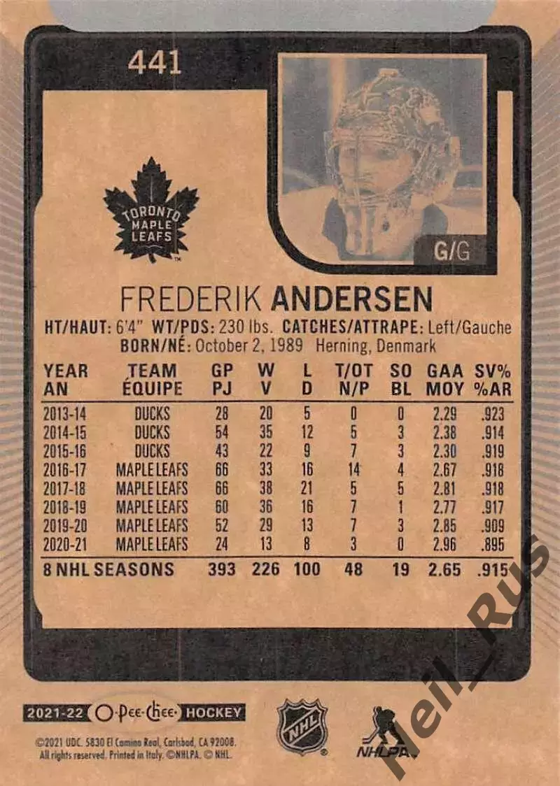 Карточка Frederik Andersen/Фредерик Андерсен Toronto Maple Leafs/Торонто NHL/НХЛ 1