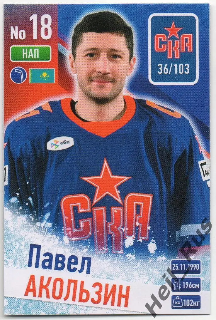 Хоккей. Карточка Павел Акользин (СКА Санкт-Петербург) КХЛ/KHL сезон 2024/25