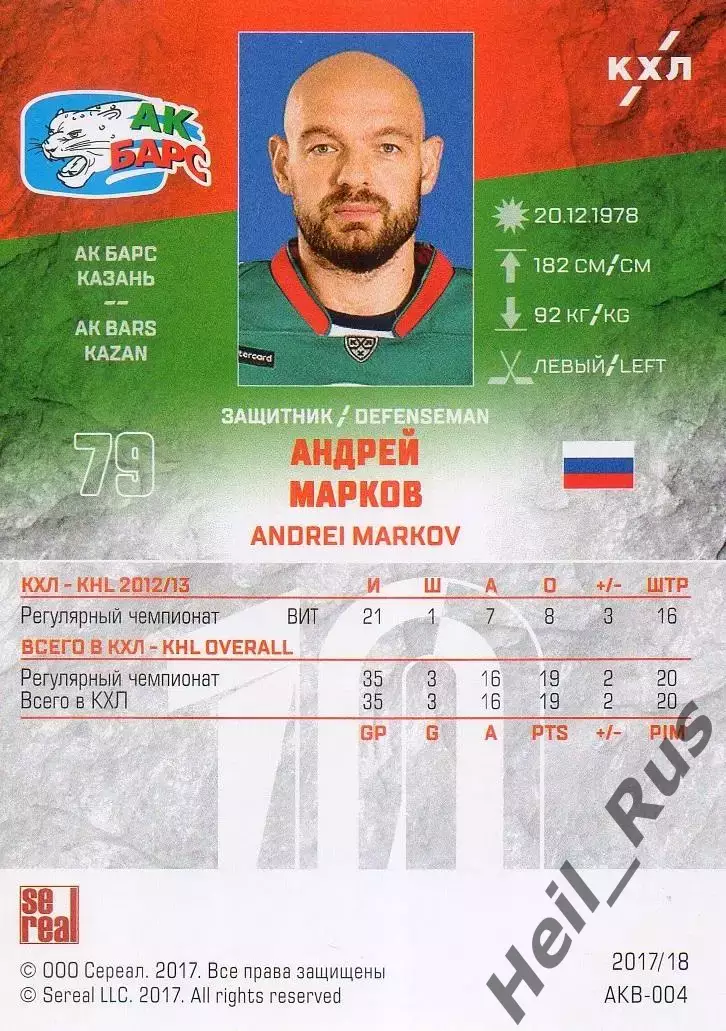 Хоккей. Карточка Андрей Марков (Ак Барс Казань) КХЛ/KHL сезон 2017/18 SeReal 1