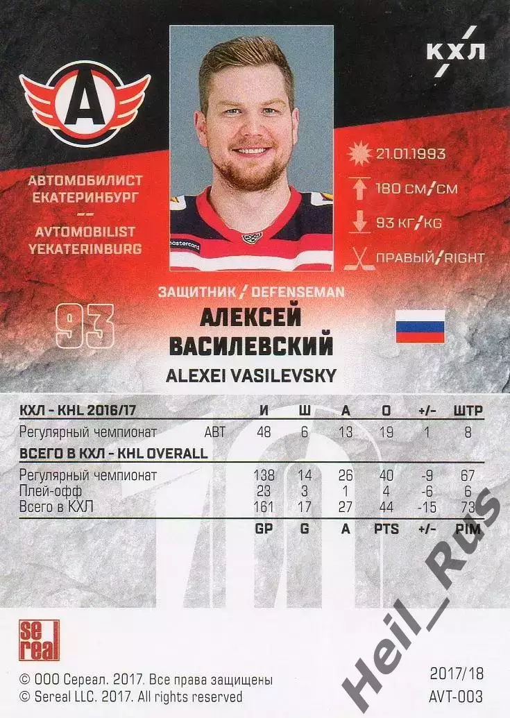 Хоккей Карточка Алексей Василевский Автомобилист Екатеринбург КХЛ 2017/18 SeReal 1
