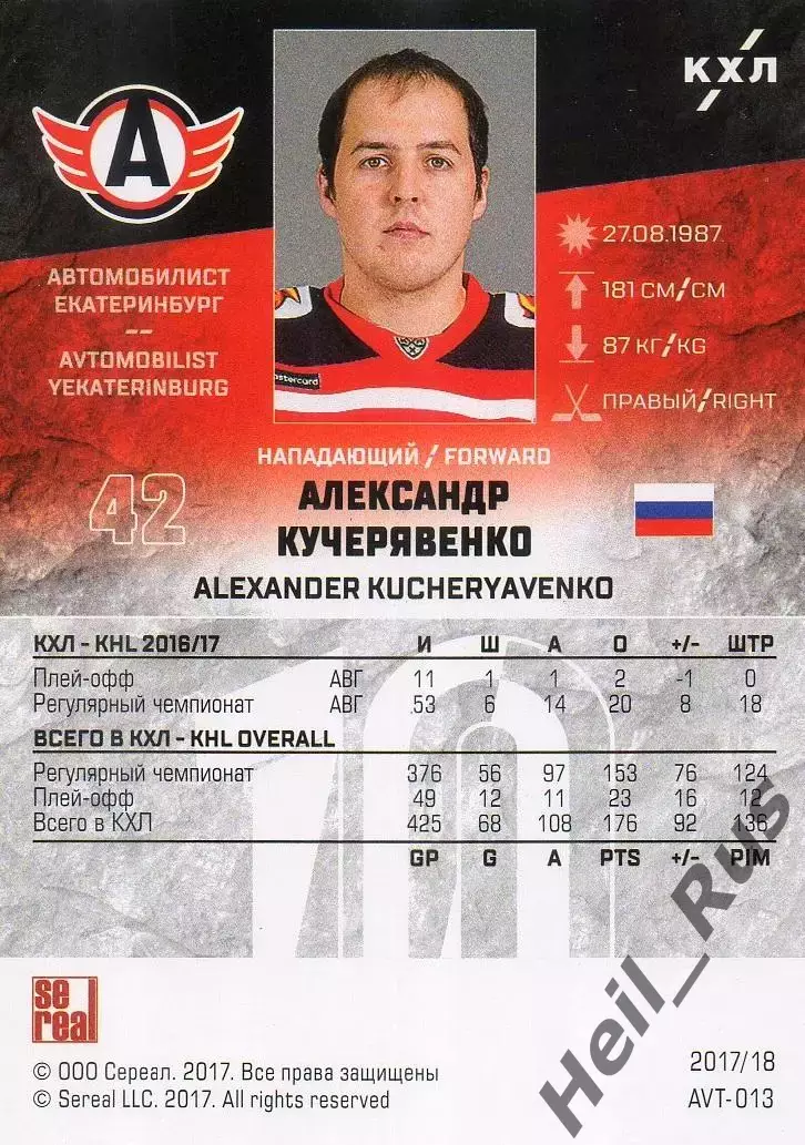 Карточка Александр Кучерявенко Автомобилист Екатеринбург КХЛ/KHL 2017/18 SeReal 1