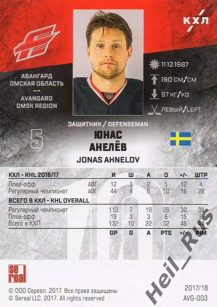 Хоккей. Карточка Юнас Анелев Авангард Омск, Швеция КХЛ/KHL сезон 2017/18 SeReal 1