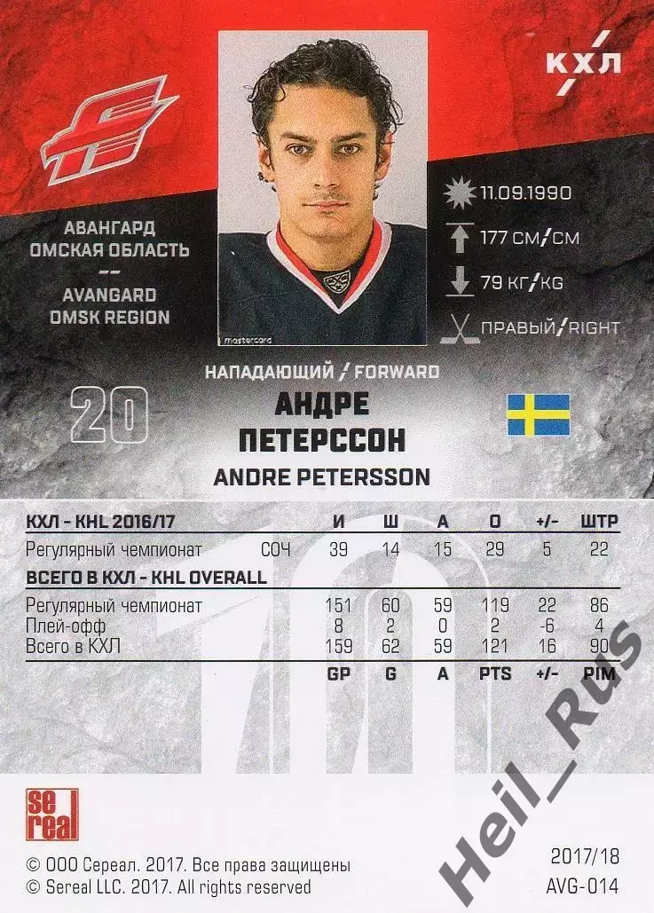 Хоккей. Карточка Андре Петерссон (Авангард Омск) КХЛ/KHL сезон 2017/18 SeReal 1