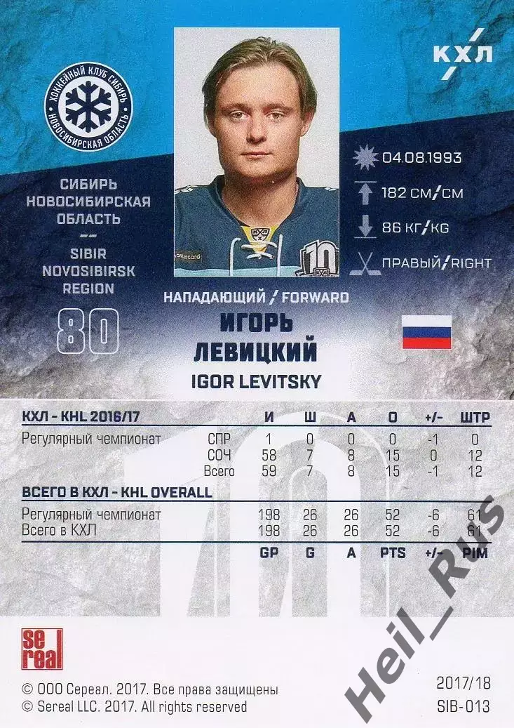 Хоккей. Карточка Игорь Левицкий Сибирь Новосибирск КХЛ/KHL сезон 2017/18 SeReal 1