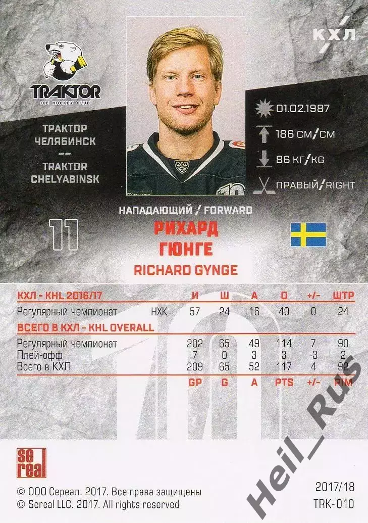 Хоккей. Карточка Рихард Гюнге (Трактор Челябинск) КХЛ/KHL сезон 2017/18 SeReal 1