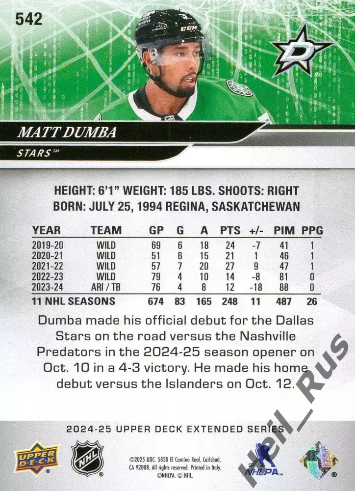 Хоккей. Карточка Matt Dumba/Мэтт Дамба Dallas Stars/Даллас Старз НХЛ/NHL 2024/25 1