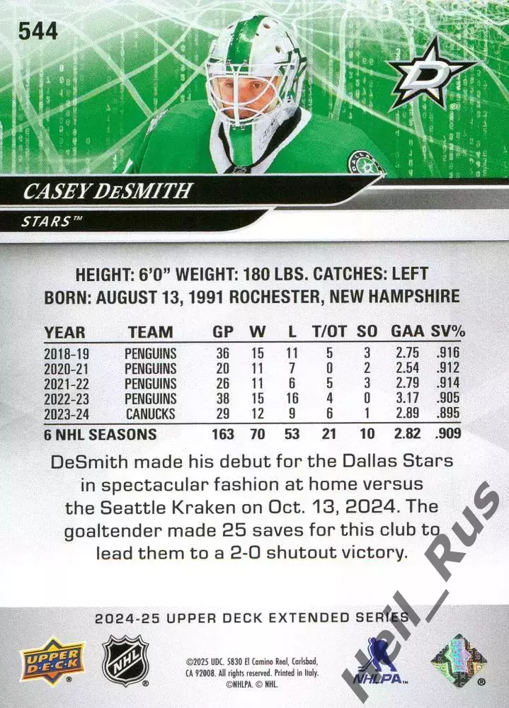 Хоккей. Карточка Casey DeSmith/Кейси ДеСмит (Dallas Stars/Даллас Старз) НХЛ/NHL 1