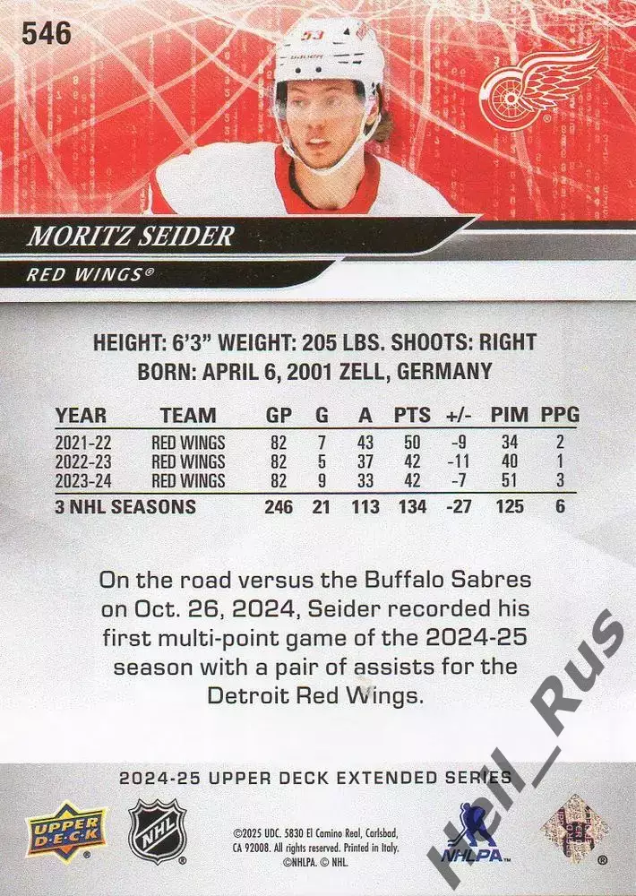 Карточка Moritz Seider/Мориц Зайдер Detroit Red Wings/Детройт Ред Уингз, NHL-НХЛ 1