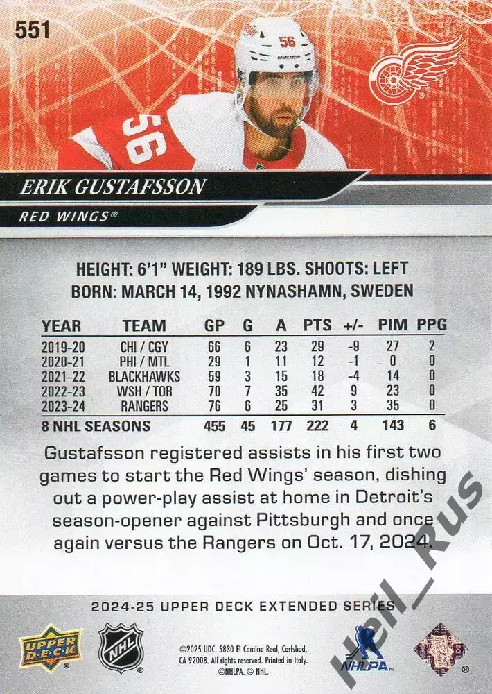 Карточка Gustafsson/Эрик Густафссон Detroit Red Wings/Детройт Ред Уингз НХЛ/NHL 1