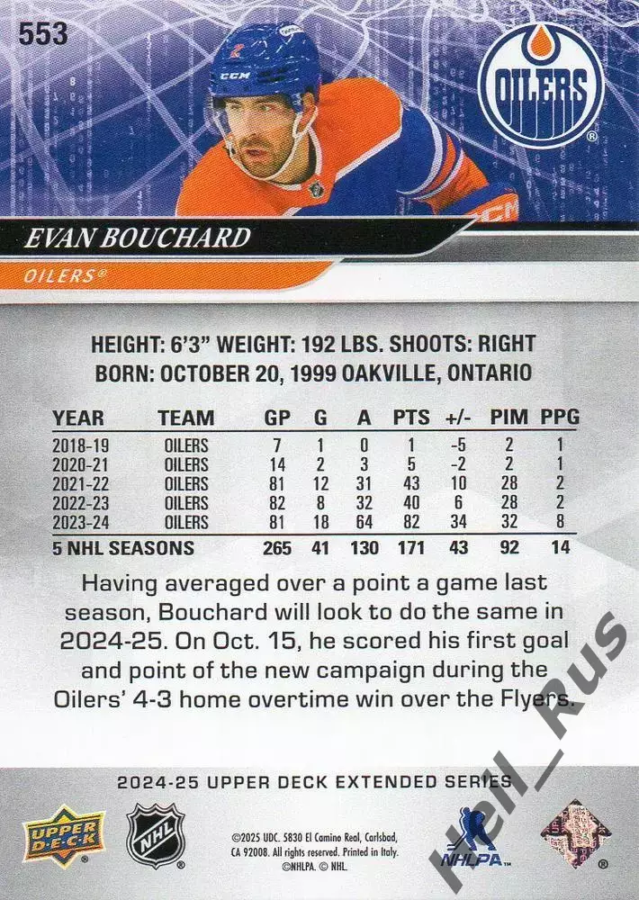 Хоккей Карточка Evan Bouchard/Эван Бушар Edmonton Oilers/Эдмонтон Ойлерз NHL-НХЛ 1