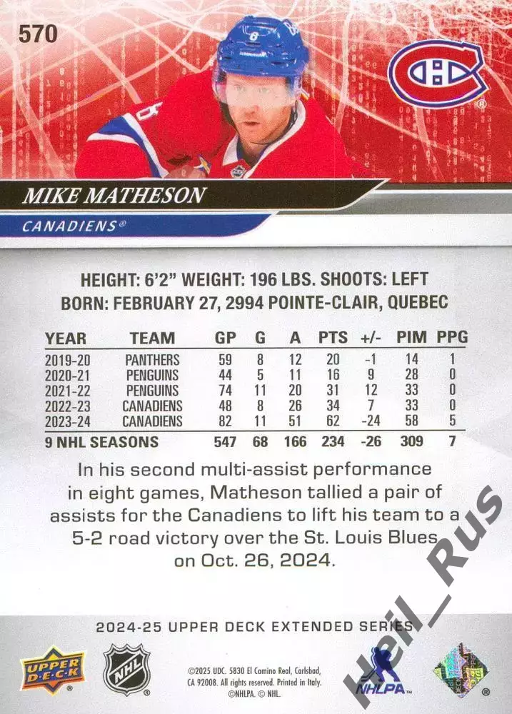 Карточка Matheson/Майкл Мэтисон (Montreal Canadiens/Монреаль Канадиенс) NHL/НХЛ 1