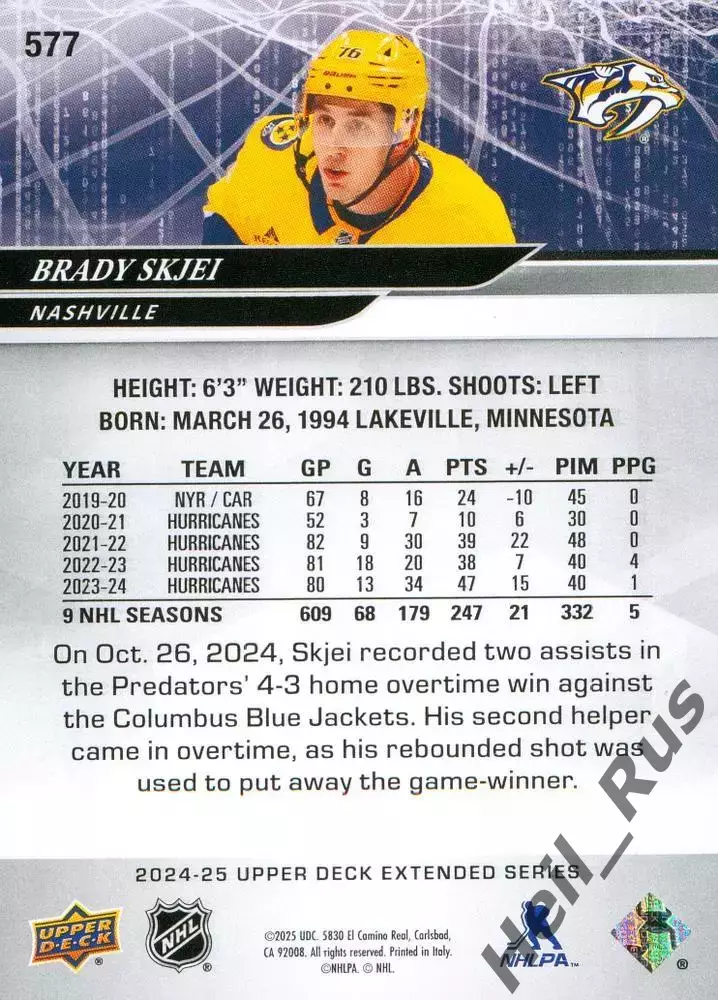 Карточка Brady Skjei/Брэди Шей (Nashville Predators/Нэшвилл Предаторз) НХЛ/NHL 1