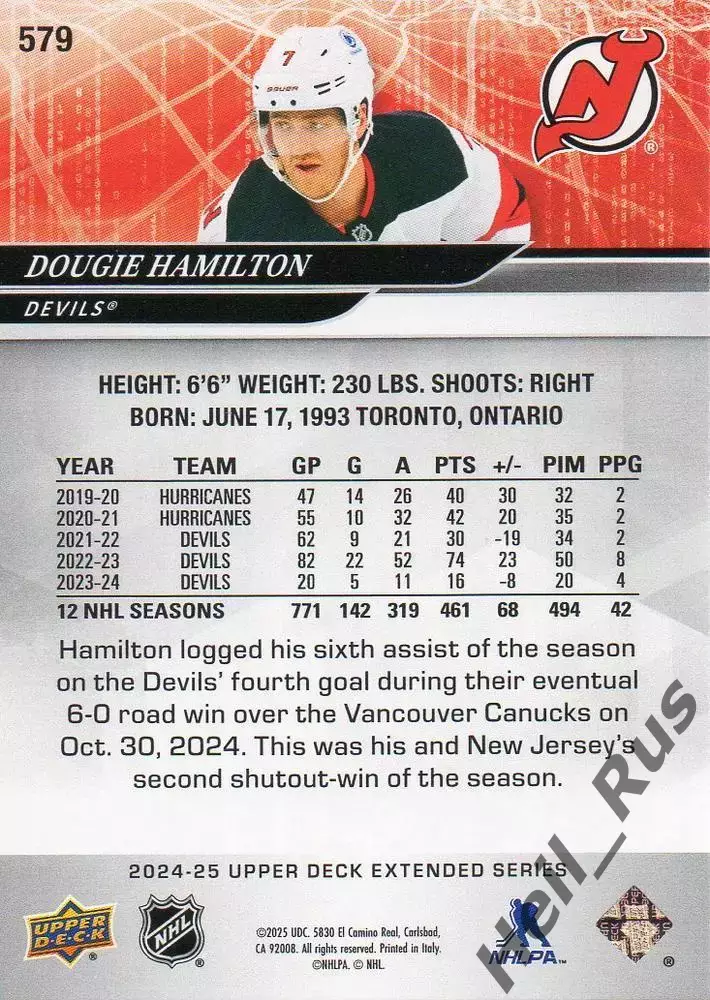 Карточка Hamilton / Дуги Хэмилтон (New Jersey Devils/Нью-Джерси Девилз) НХЛ/NHL 1