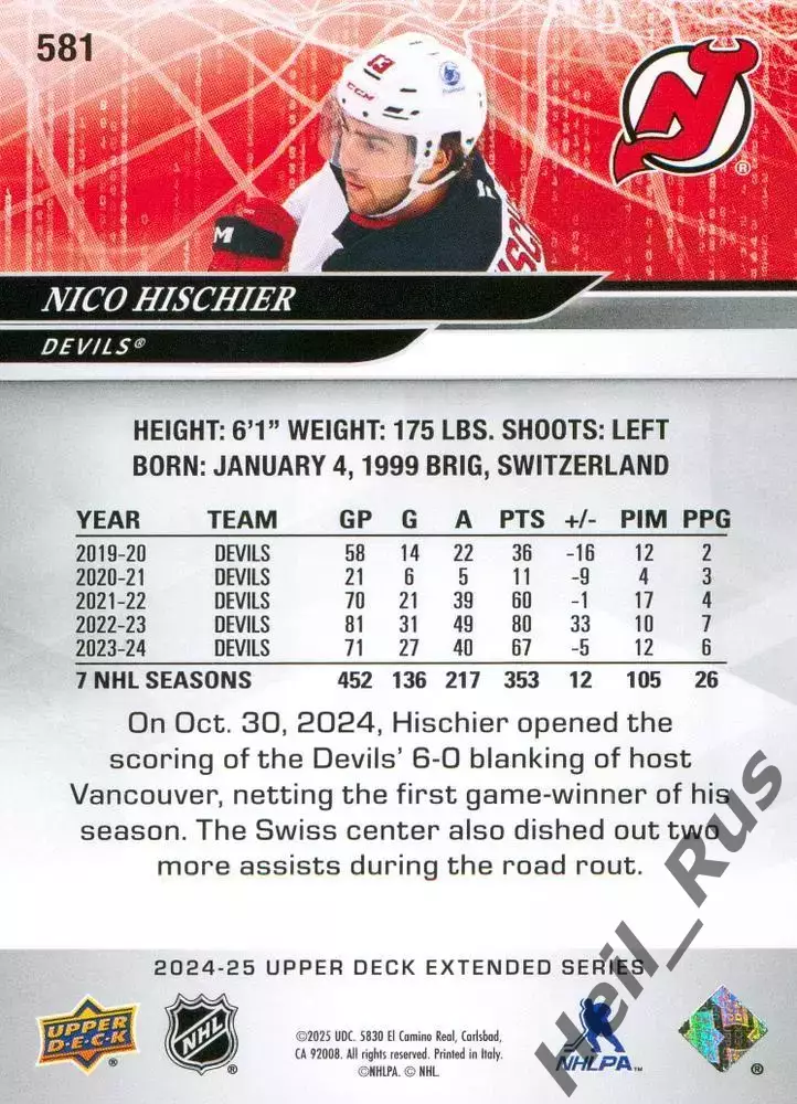 Карточка Nico Hischier/Нико Хишир (New Jersey Devils/Нью-Джерси Девилз) NHL-НХЛ 1